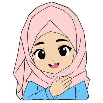 Cute Muslim girl greeting salam gesture chibi hijab character