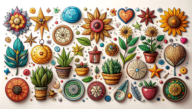 Collection of pixel art elements, including flowers, plants, stars, and decorative motifs, set against a clean background