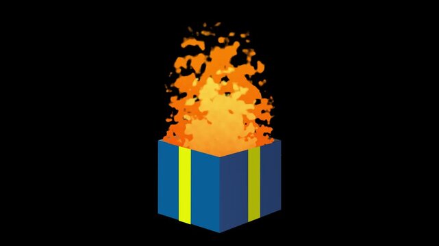 Flat 2D illustration of an open gift box with fire flames inside. Vibrant blue and yellow present box with a burning orange fire element, ready for digital design and game development.