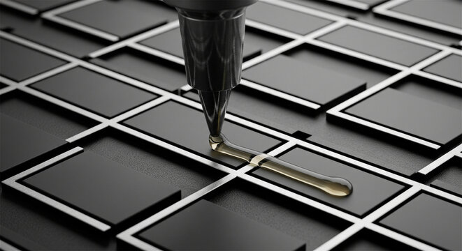 Industrial 3D printer nozzle extruding liquid metal, additive manufacturing process on black grid, high-tech precision engineering and prototyping