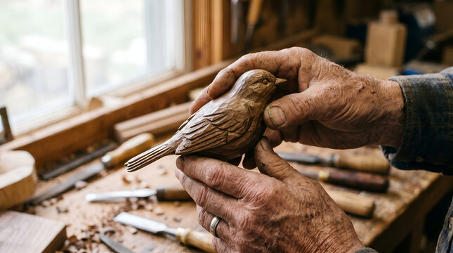 Close up of an elderly woodworker holding a handcrafted wooden bird