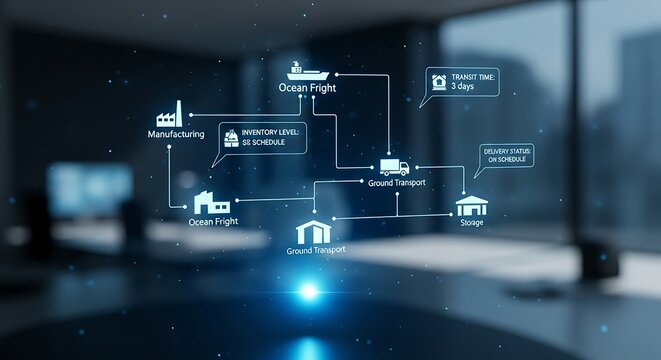 Supply chain management concept. A logistics manager's hands monitor the flow of goods on a holographic supply chain, from 'raw material' to 'end customer'