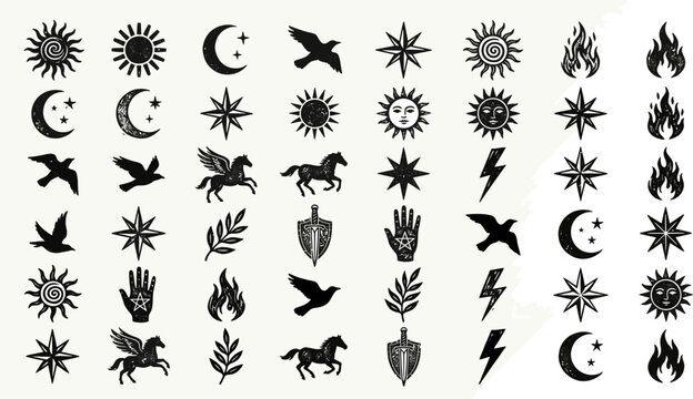 Set of mystic and celestial symbols for mystical tattoos and esoteric designs.