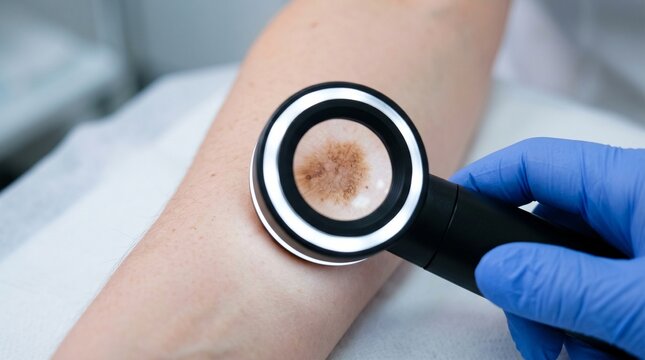 Medical professional conducting skin cancer screening with specialized dermatoscope tool.