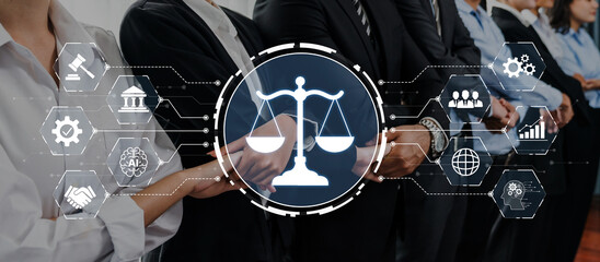 A united group of professionals stands in an office setting, with a digital representation of justice scales symbolizing law and order combined with technology elements. Trope © InfiniteFlow