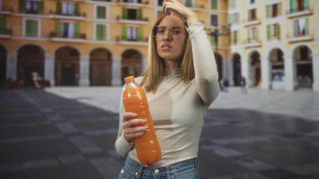 Woman holding large orange juice bottle, shielding eyes with hand and touching forehead while standing in a sunlit arched building plaza; thirst discomfort.