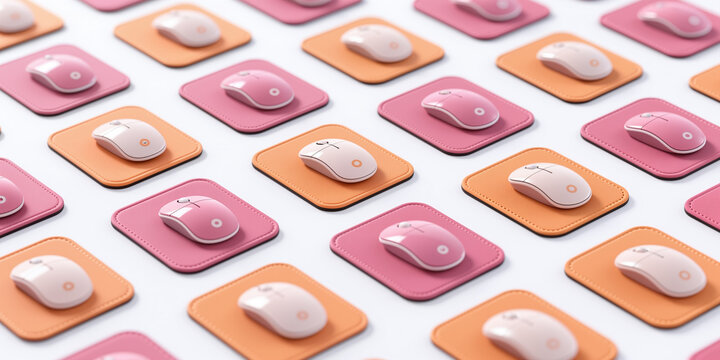 A repeating pattern of pink and orange mousepads with white and pink computer mice on top of each one on a white background.