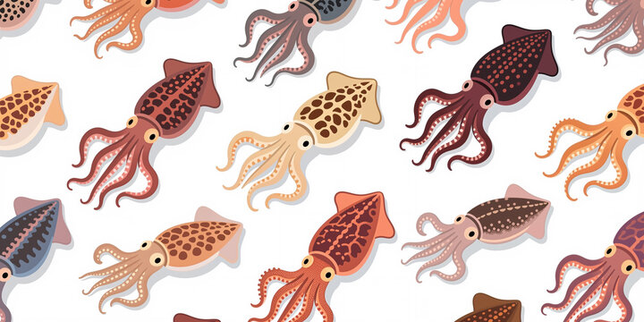 A repeating pattern of stylized colorful cuttlefish illustrations in various muted red, brown, beige, and orange hues on a white background.