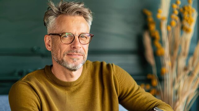Confident Portrait of a Mature Man: A distinguished man with graying hair and glasses exudes confidence and wisdom as he poses for a portrait, radiating a sense of calm and experience.