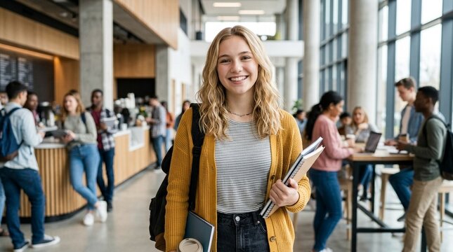 Commercial Happy pretty blonde girl smiling european female teenage high school student looking at camera standing in modern university coworking space or college campus among students portrait.
