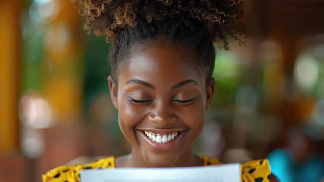 Radiant Joy: A portrait of a woman is consumed by an overwhelmingly happy emotion, showcasing genuine content and a blissful moment.