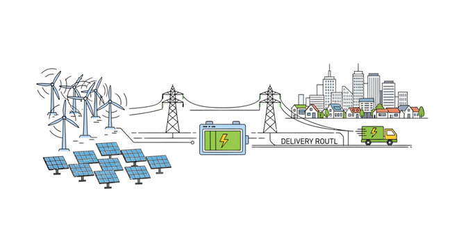 Renewable Energy Supply Chain: Wind Turbines, Solar Panels, Battery Storage, Power Lines to City and Electric Delivery Truck