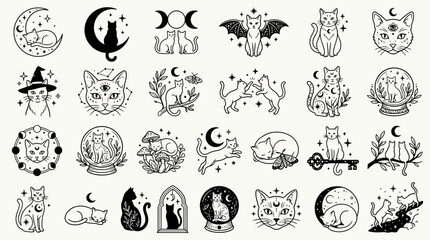 Fototapeta premium Set of Mystical Celestial Cat Illustrations and Witchy Line Art Elements.