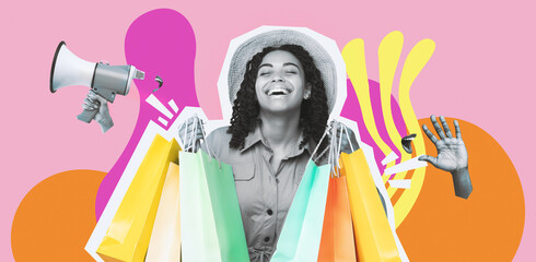 Black girl stands with shopping bags in hands, laughing and expressing joy after a successful shopping trip. The bright pink background adds color to the moment of happiness in the studio. © Prostock-studio