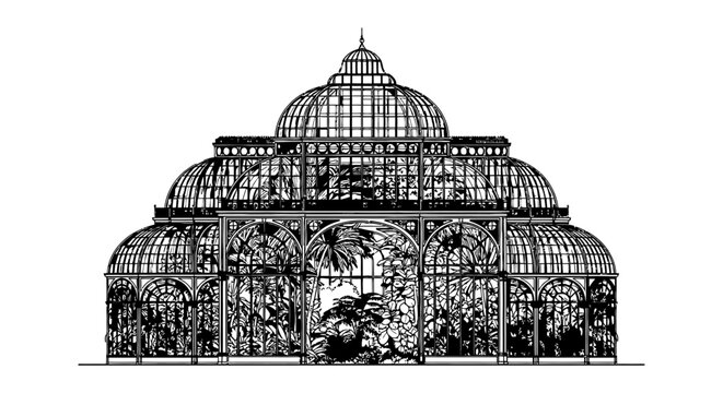 grand greenhouse conservatory architectural vintage illustration of a botanical garden filled with lush tropical plants.