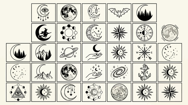 Set of mystical celestial symbols and cosmic tattoo designs.