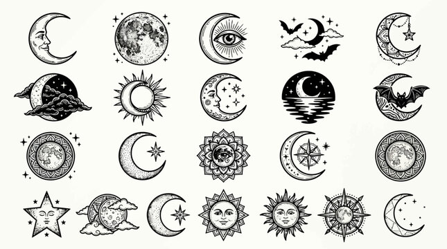 Set of mystical moon and sun celestial tattoo design elements.