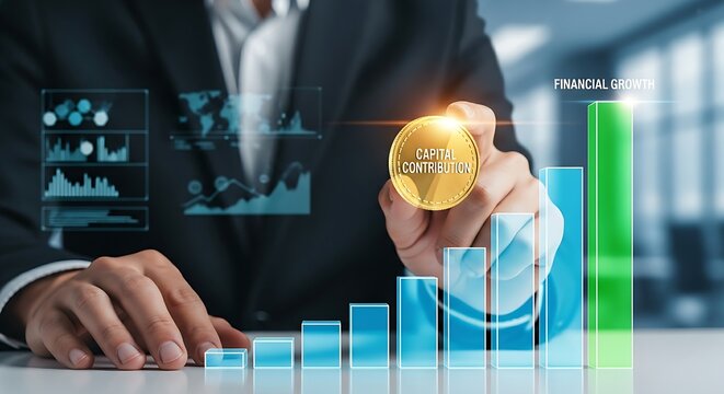 Capital investment and financial growth. An investor's hands place a virtual 'coin' into a growing bar chart, representing capital injection and growth.