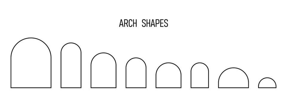 Set of arch icons. Collection of templates in art deco style for wedding invitations or greeting cards, business brochures, event or party banners in archway form. Vector graphic illustration.