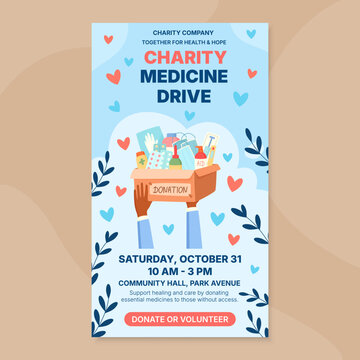 Light flat concept of charity medicine donation box with colorful aid and help items. Healthcare gift as support for people in need. Soft blue and beige background for social media poster donation