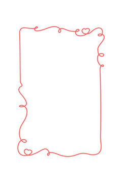Romantic heart rectangle sketch with red curly border. Cute coquette frame as simple wedding card and invite decor. Minimal hand drawn line element suits love or valentine day celebration template