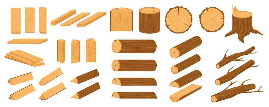 Flat wooden plank and log set in warm brown color with clear grain texture. Cartoon tree trunk and stump group with branch board piece concept. Nature lumber collection for forestry game icon