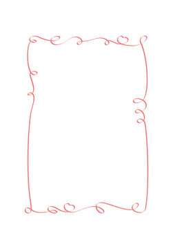 Romantic red coquette hand drawn frame. Cute love border with wavy line and small heart ribbon detail. Simple rectangle outline suits wedding card or valentine invite and social media post with