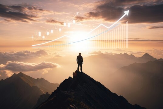 Man Standing on Mountain Peak with Upward Growth Graph