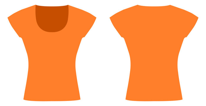 Orange short sleeve top with scoop neckline and fitted silhouette creating clean minimal shape simple construction smooth lines. Technical fashion illustration in flat color, front back views. Vector