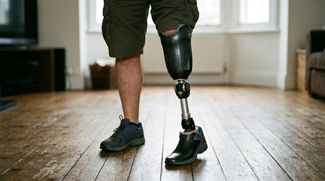 Man amputee with prosthetic leg disability on above knee transfemoral leg prosthesis artificial device stands on foot on floor close up. People with amputation disabilities everyday life.