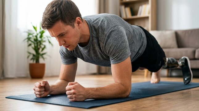 Commercial Sporty fit young man amputee with prosthetic leg disability prosthesis doing plank exercise on mat at home. Inclusive sport training for people with disabilities concept. Authentic shot