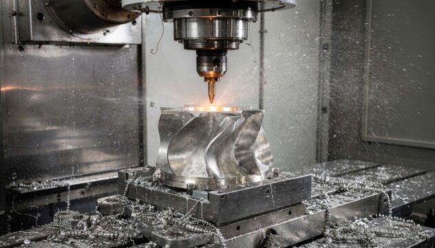 Medium shot focusing on the roughing phase of compressor blade machining where a fiveaxis CNC mill removes excess material from alloy billets emphasizing powerful cutting and metal
