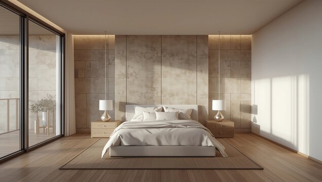 Side view of bedroom with square posters 