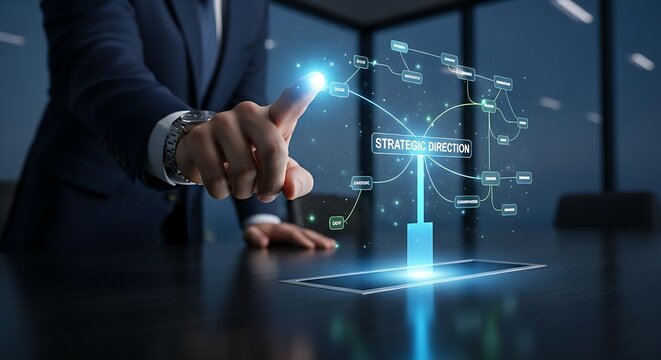 Strategic decision making. A CEO's hand points to an illuminated path on a holographic 'decision tree', choosing the strategic direction for the company.