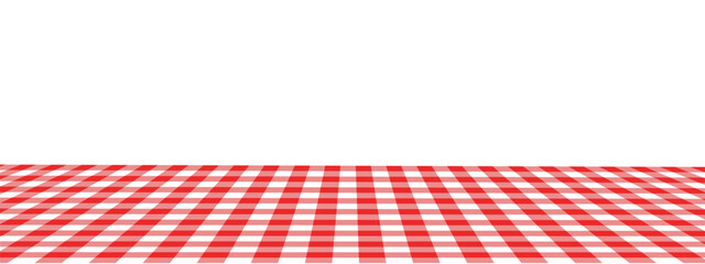 Obraz premium Picnic or kitchen table surface with checkered red and white tabletop in perspective view. Italian pizzeria cafe or restaurant wallpaper. Breakfast or dinner background. Vector flat illustration.