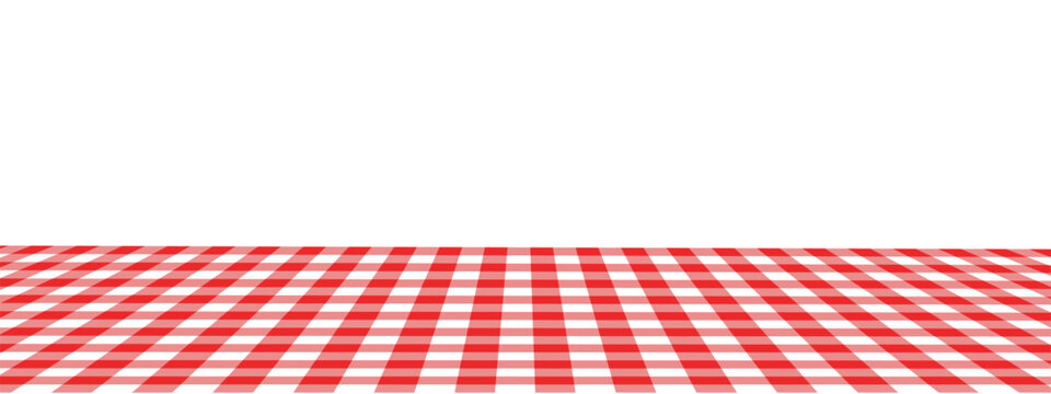 Picnic or kitchen table surface with checkered red and white tabletop in perspective view. Italian pizzeria cafe or restaurant wallpaper. Breakfast or dinner background. Vector flat illustration.