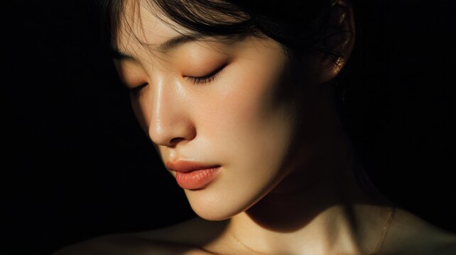 目を閉じて静かに佇む女性の横顔。美容やリラクゼーションのイメージに適したポートレート写真
