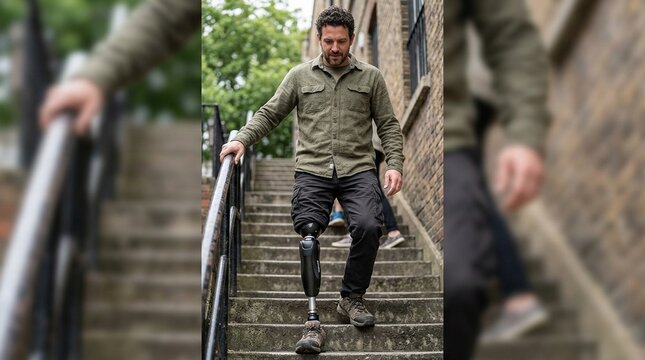 Elite Man amputee with prosthetic leg disability on above knee transfemoral leg prosthesis artificial device stands on feet on stairs close up. People with amputation disabilities vertical shot.