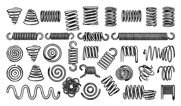 Hand drawn spiral spring vector set with flexible coils and metal wire doodle sketch mechanical illustration