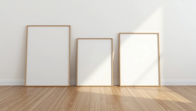 Three Empty Mock Up Picture Frames on Parquet Floor Against White Wall. 3D Render 