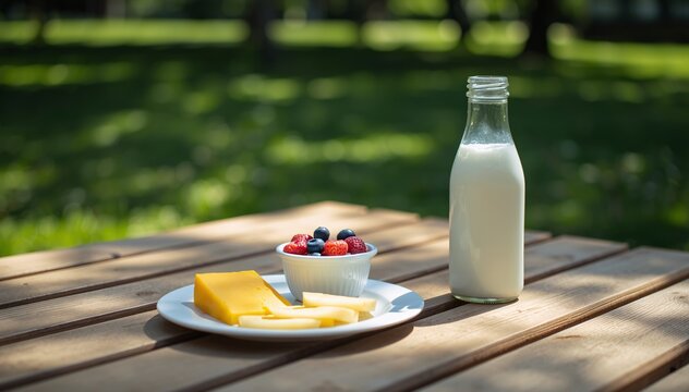 fresh morning meal setup on rustic table in natural light, ideal for wellness and lifestyle marketing