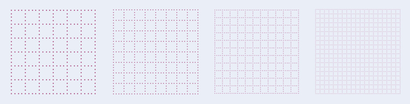 Square grid collection dot lattice geometry, four samples blueprint style. Dense point lattice structure, interface layouts editorial compositions planning sheets dashboards digital technology graphic