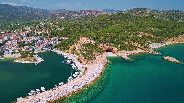 Palataki mansion and Limenaria Harbor Aerial, Thassos island, Greece