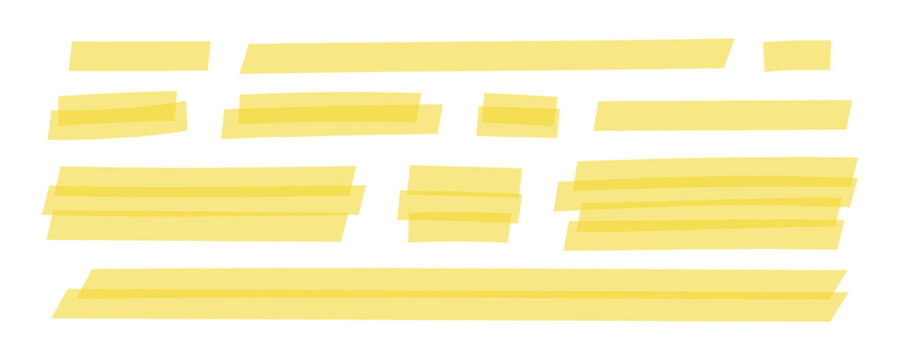 Set of yellow highlight marker underlines. Different transparent hand-drawn pen or brush marks for important text selection isolated on white background. Vector realistic illustration.