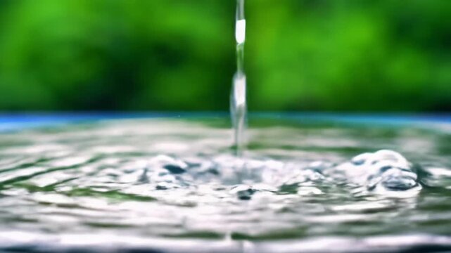 Pristine, crystal-clear water cascades onto a dark, polished reflective surface, creating ripples and micro-bubbles in ultra-slow motion macro video, with lush emerald green bokeh background. Concept