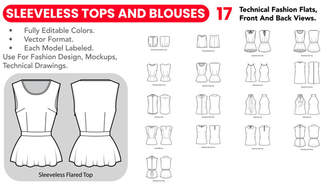 Sleeveless Tops And Blouses collection featuring black and white technical fashion flats with front and back views, outline versions and sleeveless shapes. Vector illustration