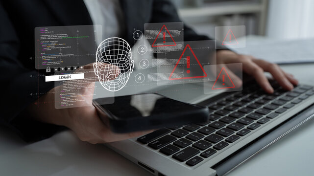 Explore the intersection of cybersecurity and facial recognition technology, highlighting online login challenges and alert notifications in a connected digital environment. Ledger