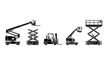 Black and white construction lifting equipment vector lineup with boom lift scissor lift forklift machines isolated on white © MD