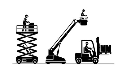 Black and white construction worker operating lifting equipment vector with boom lift scissor lift and forklift isolated on white © MD