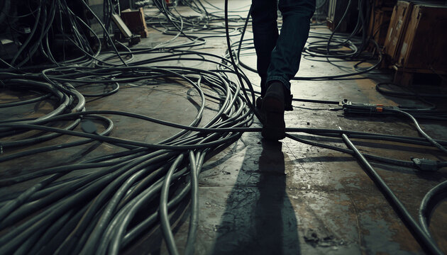 A worker walks among messy electrical and mechanical cables on the floor, a photo of an occupational health and safety campaign.